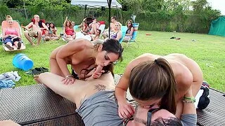 Steamy outdoor dick sharing orgy during hot backyard party